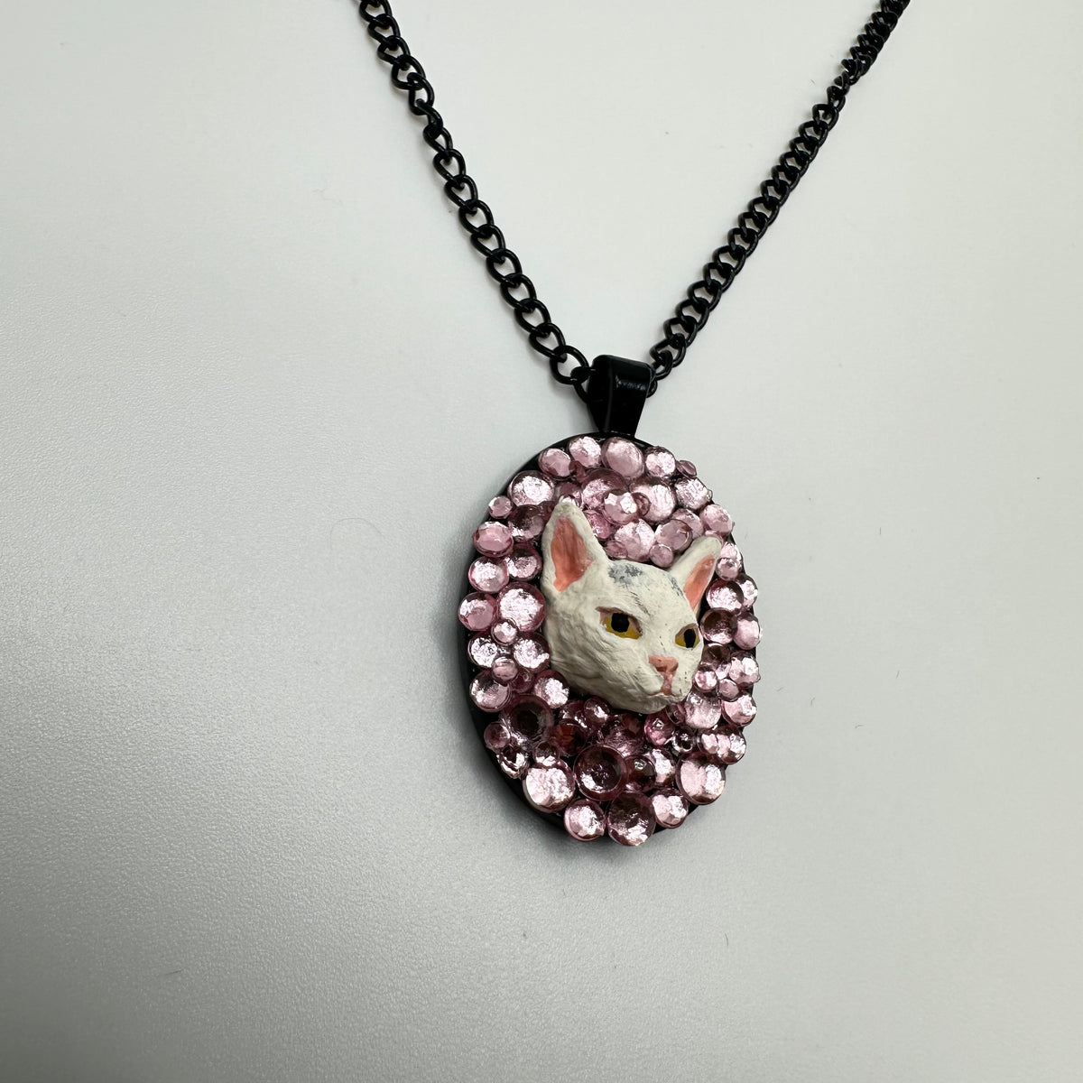White Kitty in Pink Rhinestones Necklace