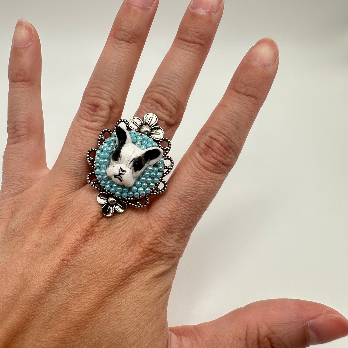 Frenchie in Turquoise Adjustable Ring
