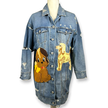 Vintage Upcycled Embroidered Patches Denim Jacket Dog Themed