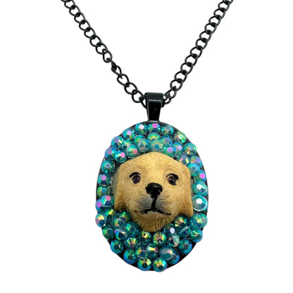 Golden Pup in Blue Iridescence Necklace