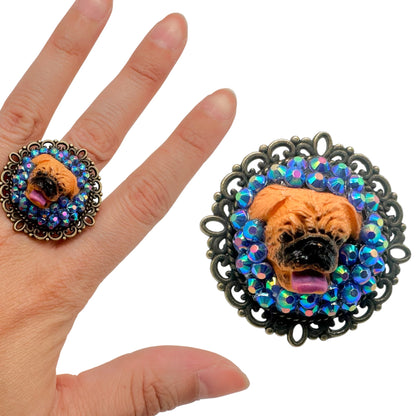 Pug in Iridescent Purple Adjustable Ring