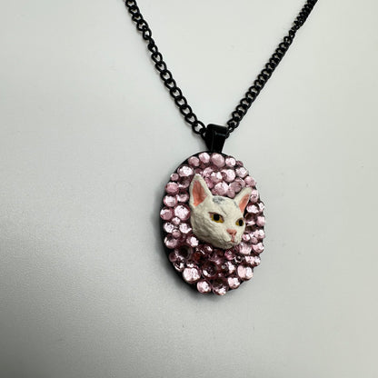 White Kitty in Pink Rhinestones Necklace