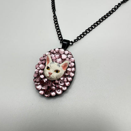 White Kitty in Pink Rhinestones Necklace
