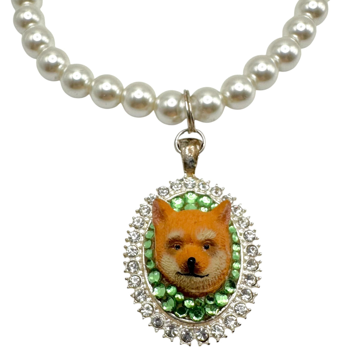 Pomeranian in Green Pearl Necklace