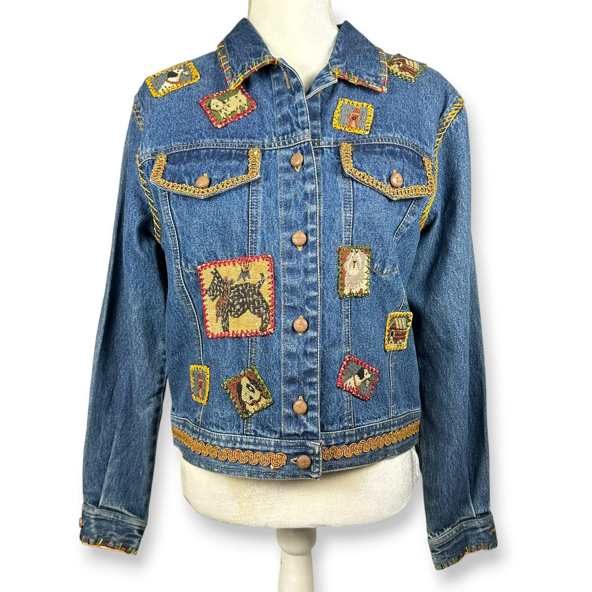 Vintage Handmade Embroidered Dog Themed Denim Jacket