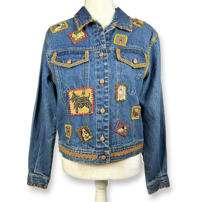 Vintage Handmade Embroidered Dog Themed Denim Jacket