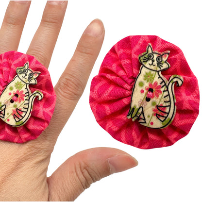 Fabric Swirl Kitty Cat Adjustable Ring - Hot Pink