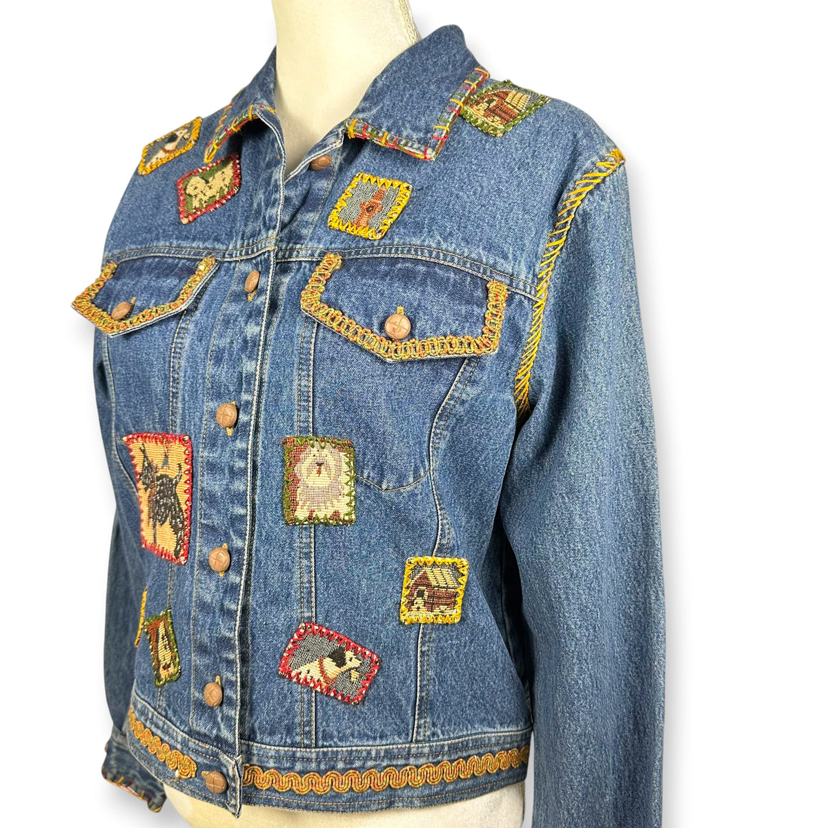 Vintage Handmade Embroidered Dog Themed Denim Jacket