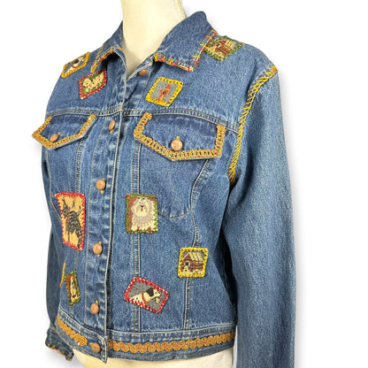 Vintage Handmade Embroidered Dog Themed Denim Jacket