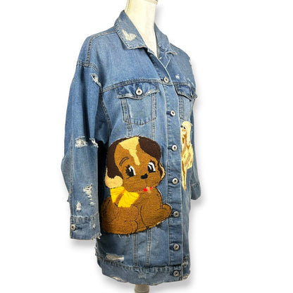 Vintage Upcycled Embroidered Patches Denim Jacket Dog Themed