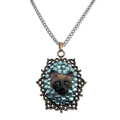 Siamese Cat with Light Blue Rhinestones Necklace