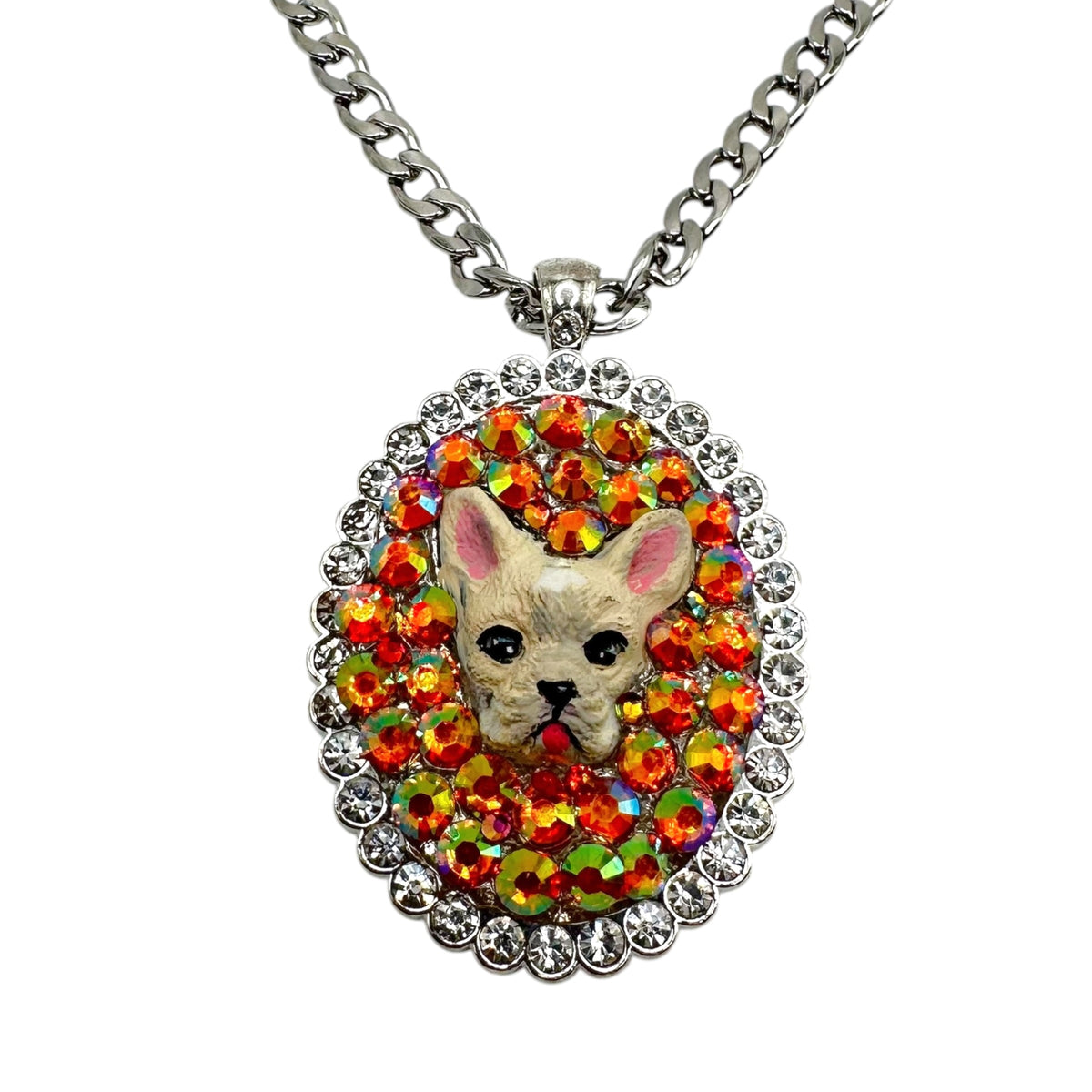 Frenchie in Sunset Iridescent Orange Rhinestones Necklace
