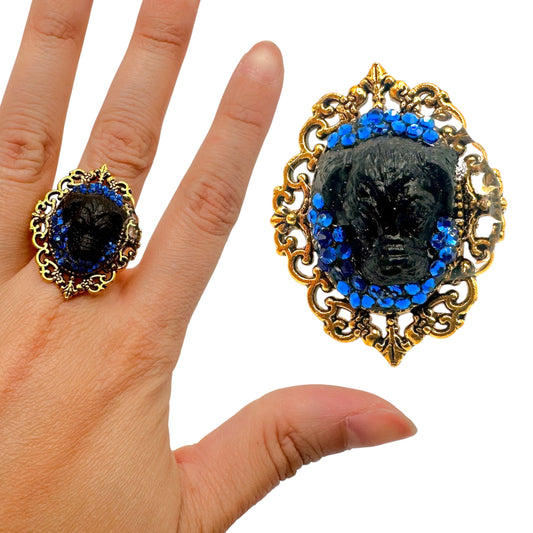 Black Dog in Blue Rhinestones Adjustable Ring