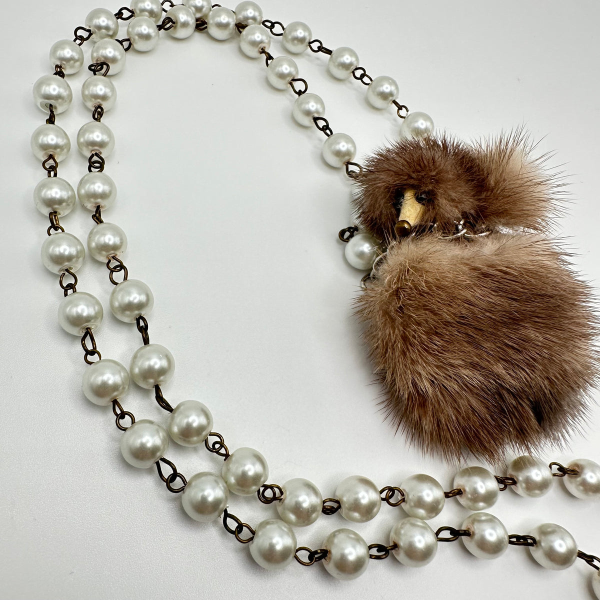 Vintage Mink Fur Poodle Pearl Necklace