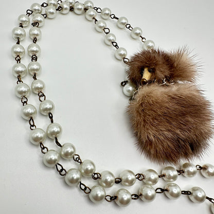 Vintage Mink Fur Poodle Pearl Necklace