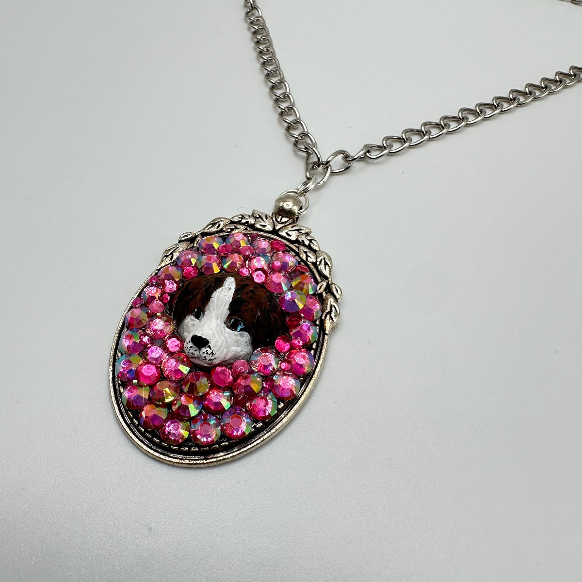Brown and White Pup in Pink Rhinestones Necklace
