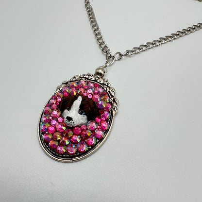 Brown and White Pup in Pink Rhinestones Necklace