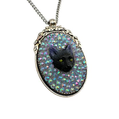 Black Cat in Iridescent Rhinestones Necklace