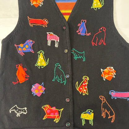 Colorful Dogs at Play Knit Vintage Vest Sz L