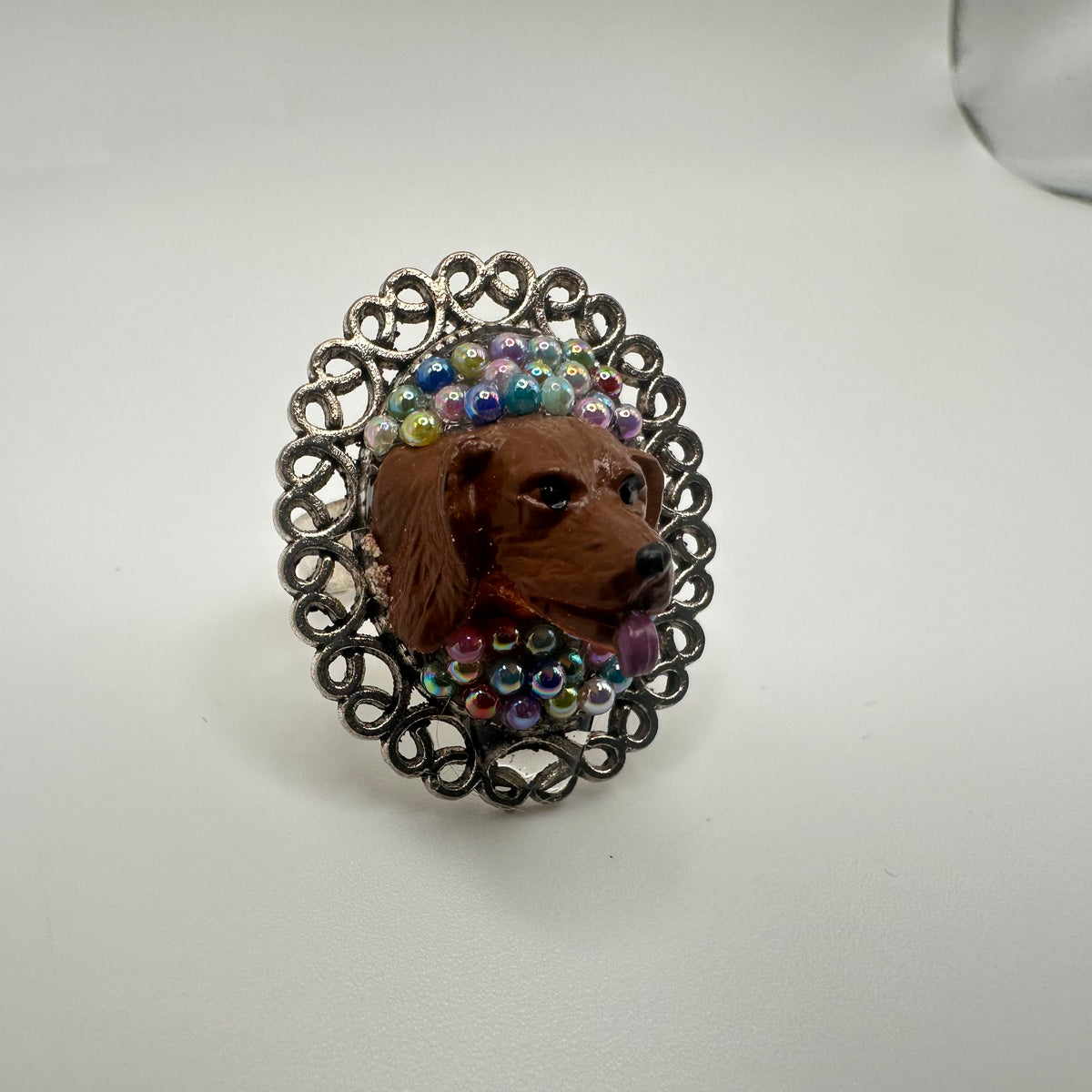 Dachshund in Multicolored Beads Adjustable Ring