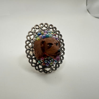 Dachshund in Multicolored Beads Adjustable Ring