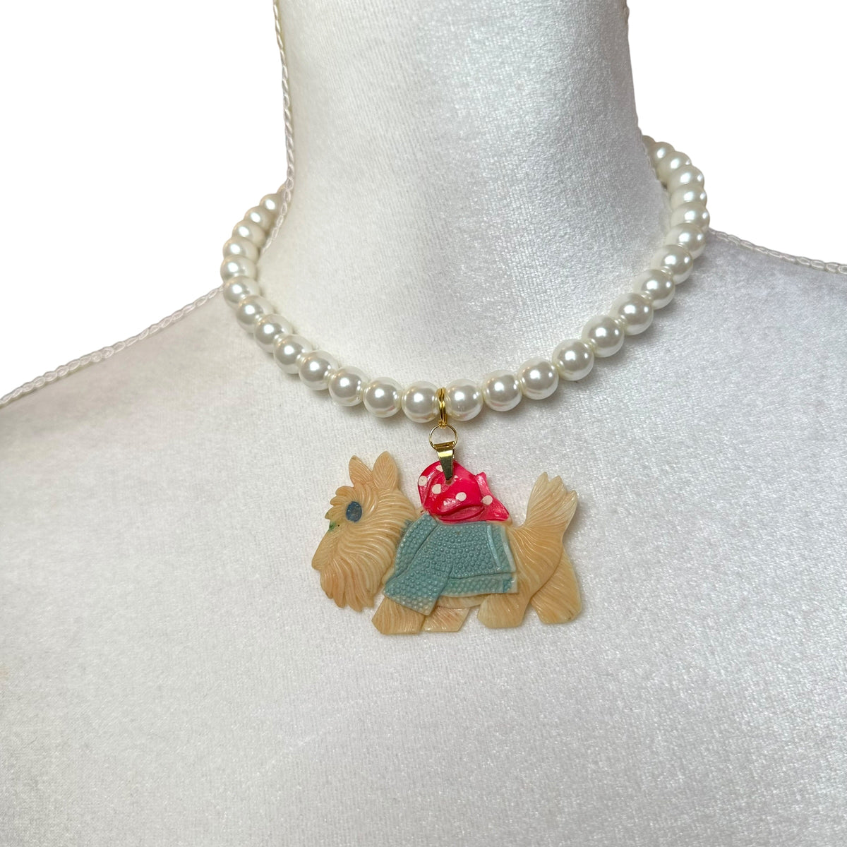 Vintage 60's Japanese Celluloid Dog Pearl Necklace