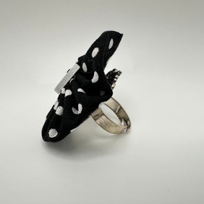 Fabric Swirl Kitty Cat Adjustable Ring - Black + White