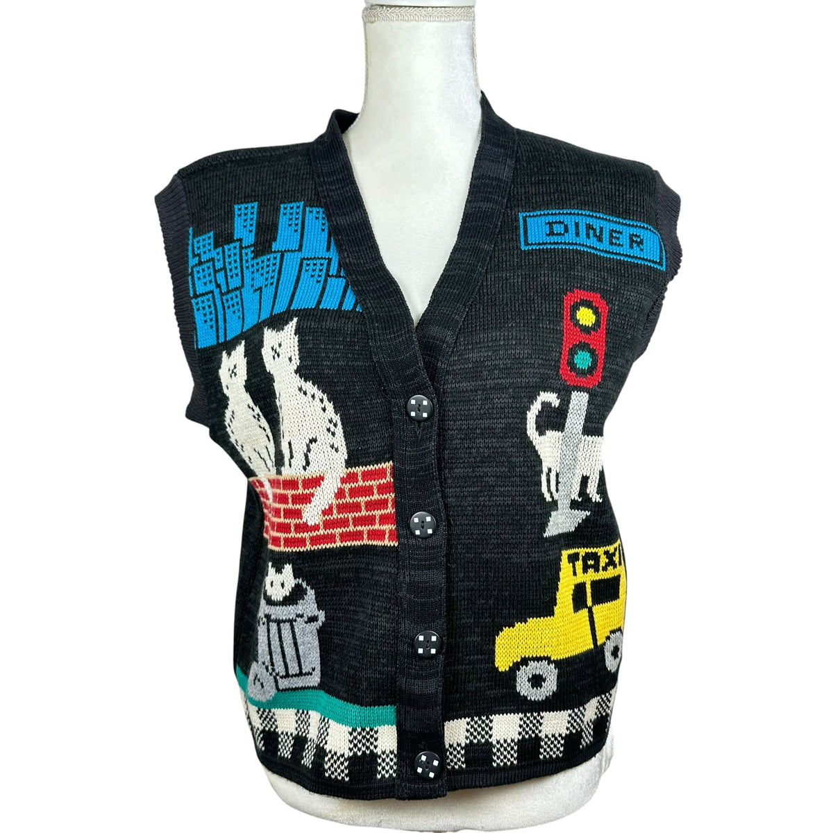 Vintage Knit Kitties in the City Sweater Vest