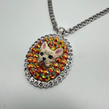 Frenchie in Sunset Iridescent Orange Rhinestones Necklace