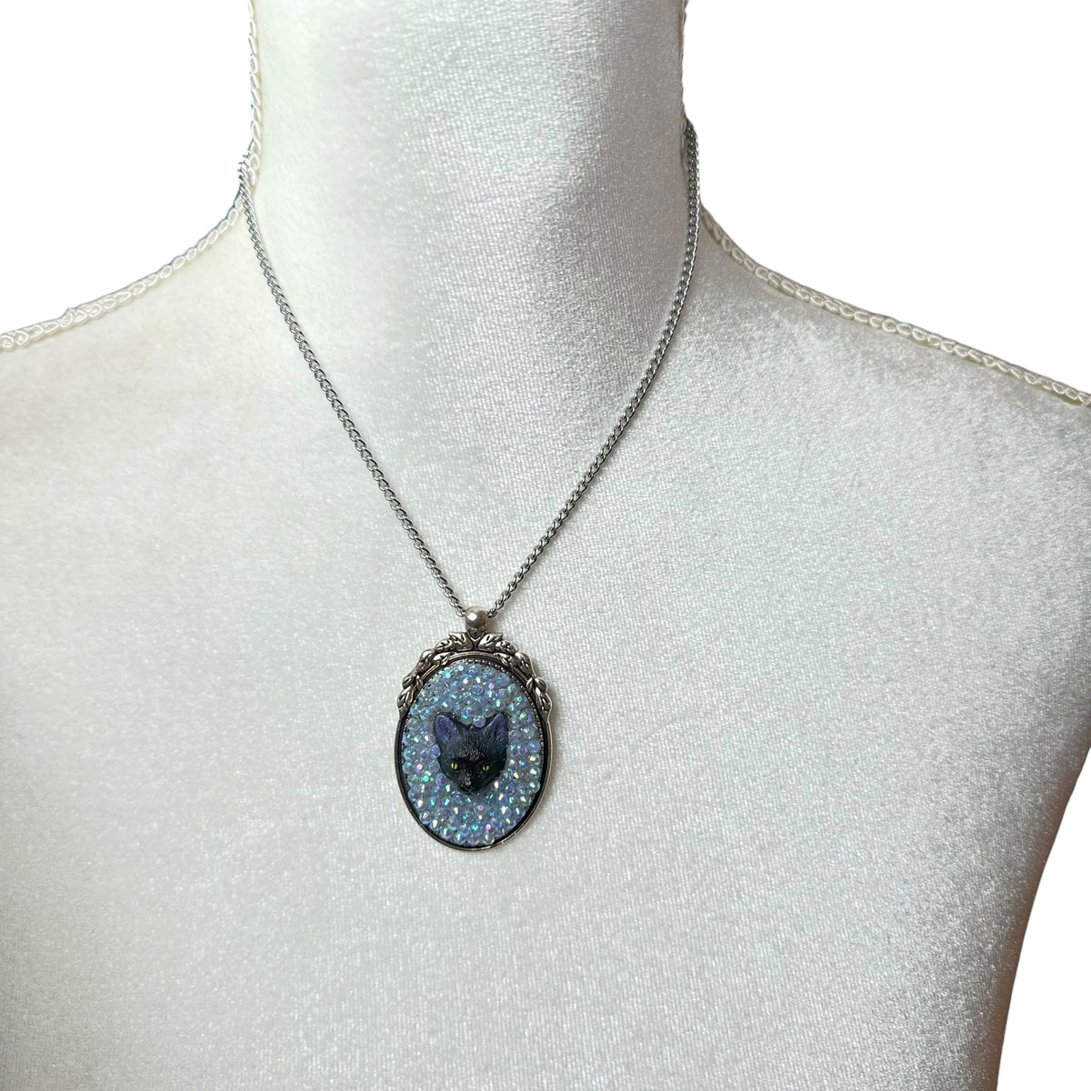 Black Cat in Iridescent Rhinestones Necklace