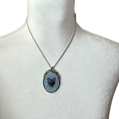 Black Cat in Iridescent Rhinestones Necklace