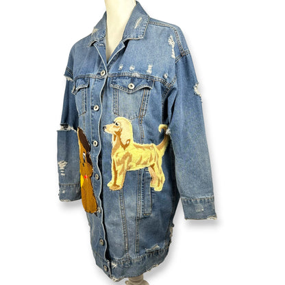 Vintage Upcycled Embroidered Patches Denim Jacket Dog Themed