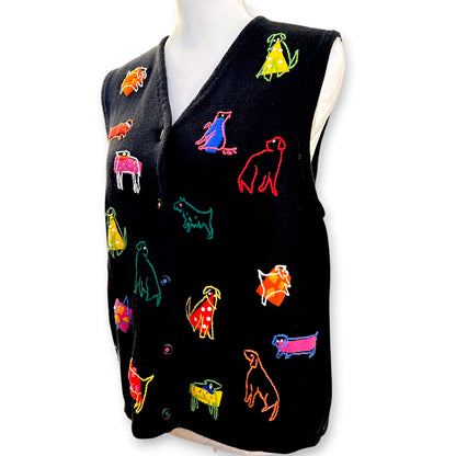 Colorful Dogs at Play Knit Vintage Vest Sz L