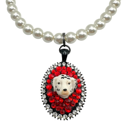 Dalmatian Red Rhinestone Pearl Necklace
