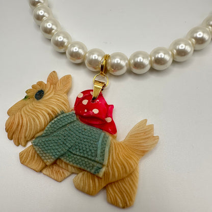 Vintage 60's Japanese Celluloid Dog Pearl Necklace
