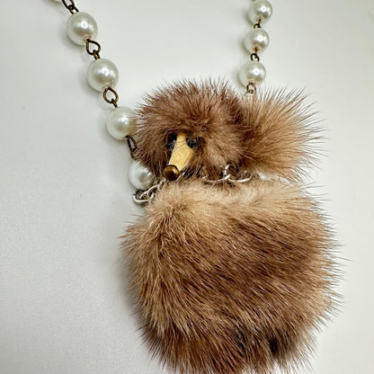 Vintage Mink Fur Poodle Pearl Necklace