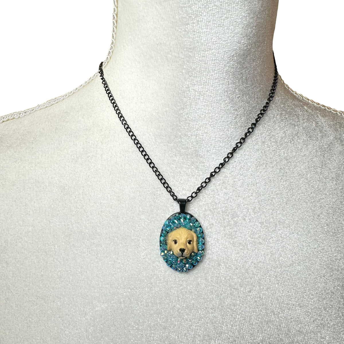 Golden Pup in Blue Iridescence Necklace