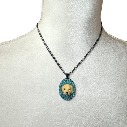 Golden Pup in Blue Iridescence Necklace