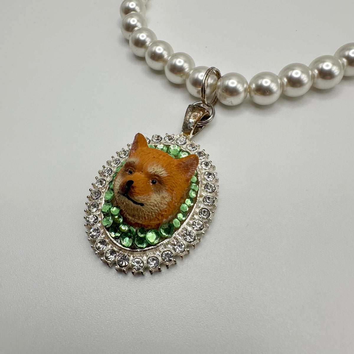Pomeranian in Green Pearl Necklace