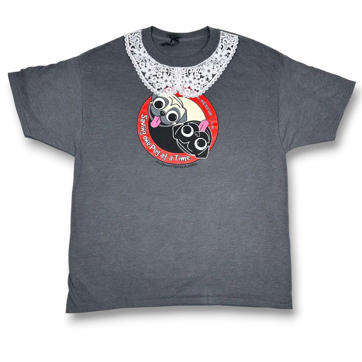 Ying and Yang Pugs Grey Tee with Lace Collar