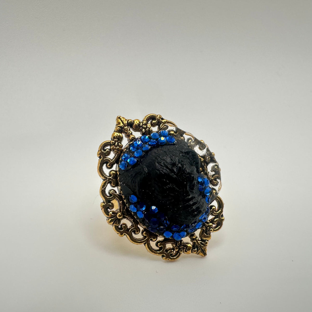 Black Dog in Blue Rhinestones Adjustable Ring