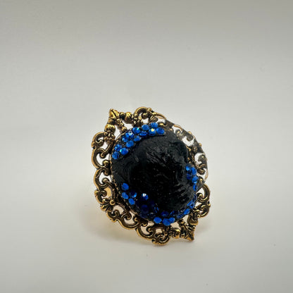 Black Dog in Blue Rhinestones Adjustable Ring