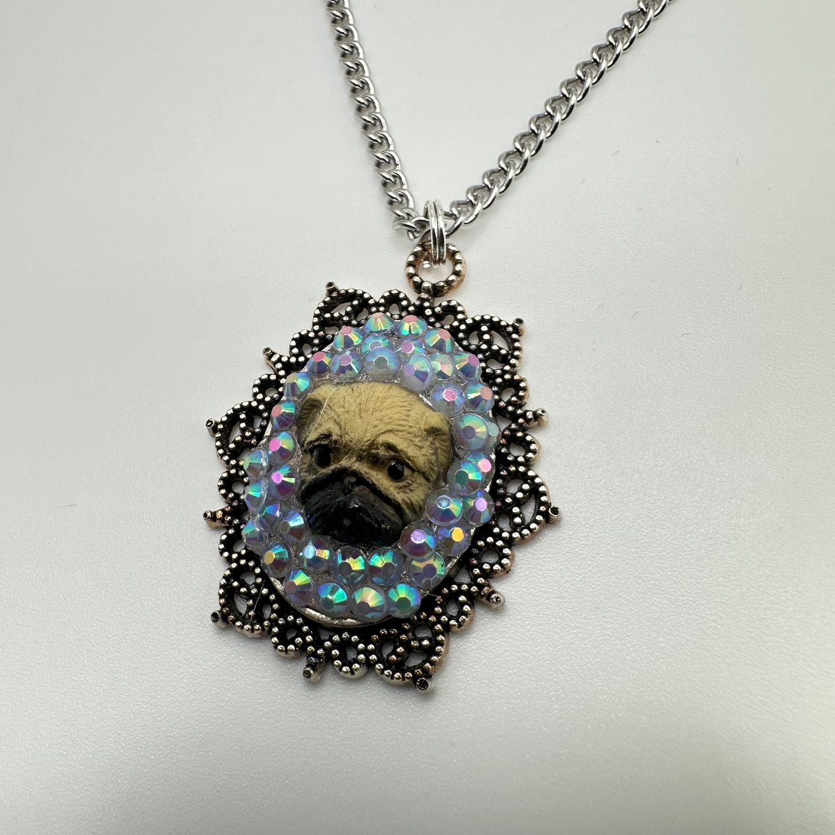 Pug in Iridescent Rhinestones Necklace