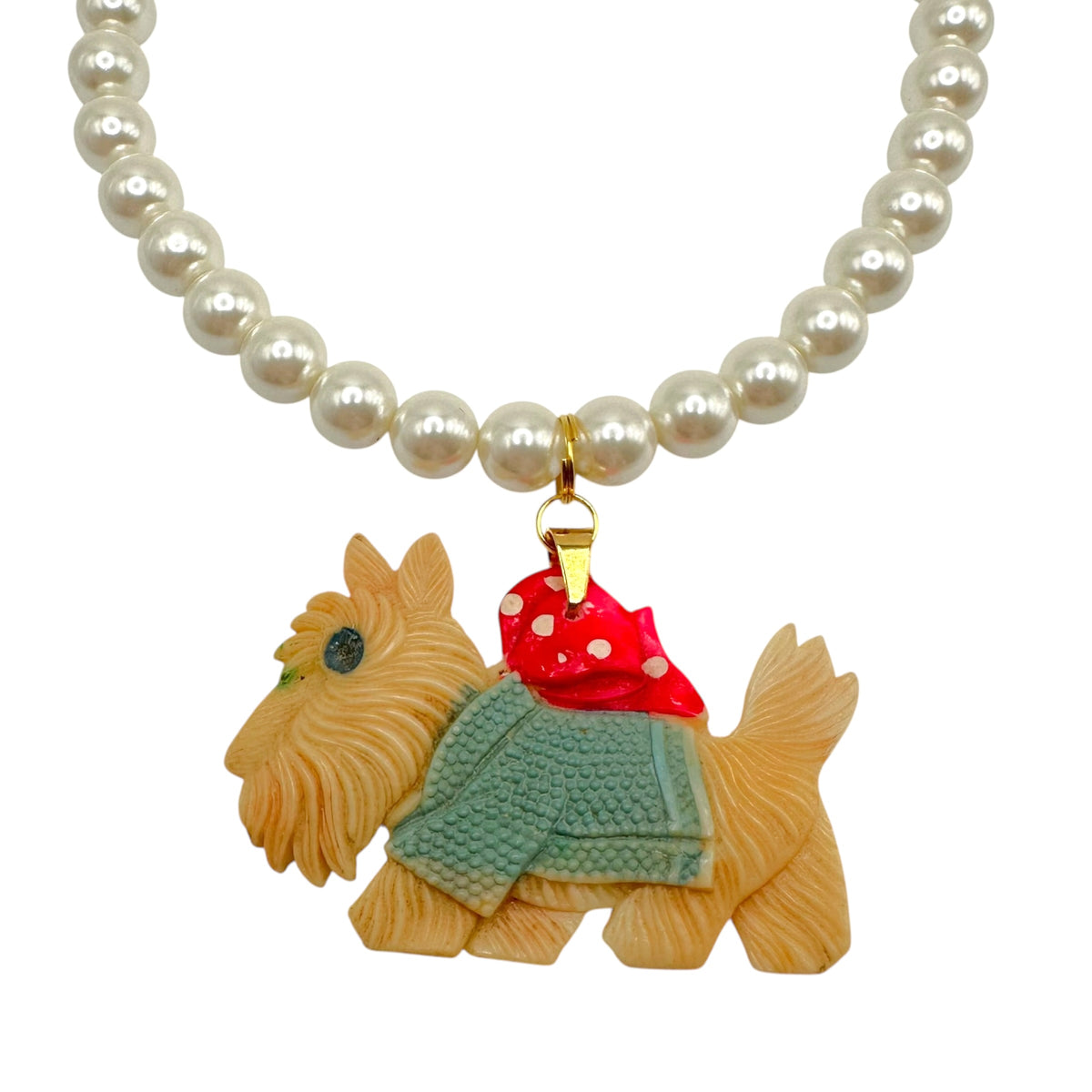 Vintage 60's Japanese Celluloid Dog Pearl Necklace