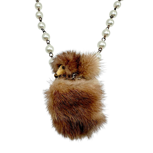 Vintage Mink Fur Poodle Pearl Necklace