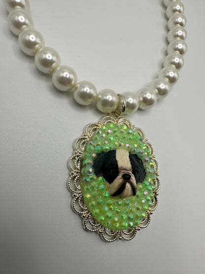 Sea Foam Green Bulldog Bedazzling Pearl Necklace