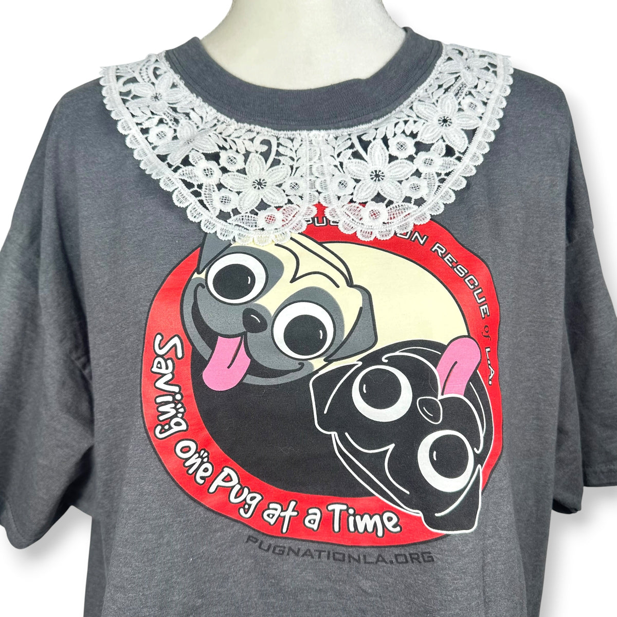 Ying and Yang Pugs Grey Tee with Lace Collar