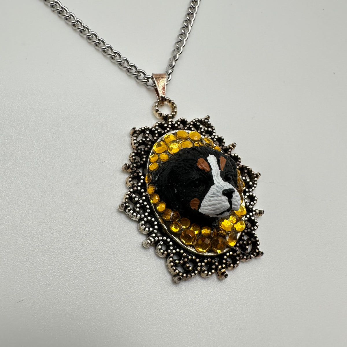 Bernese Dog in Yellow Rhinestones Necklace
