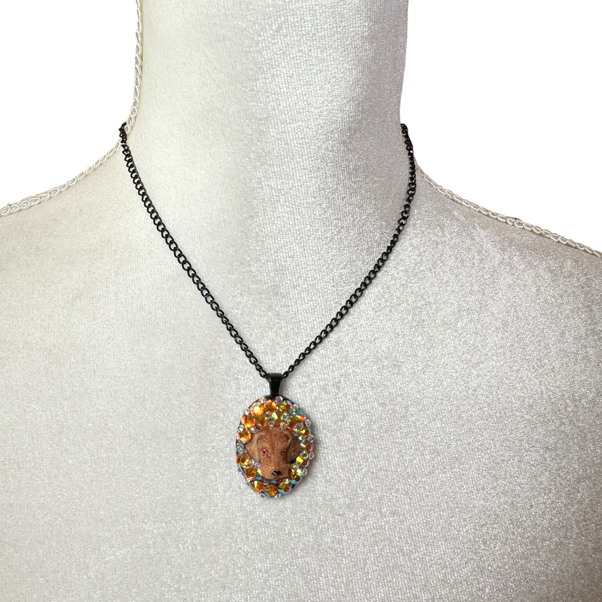 Brown Pup in Orange Iridescence Necklace