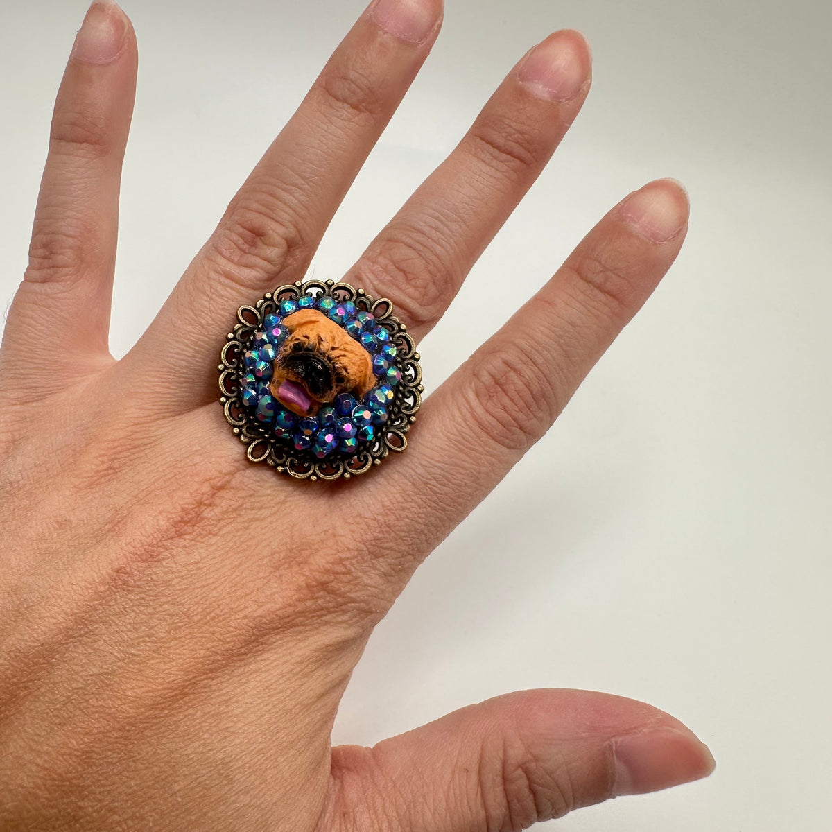 Pug in Iridescent Purple Adjustable Ring